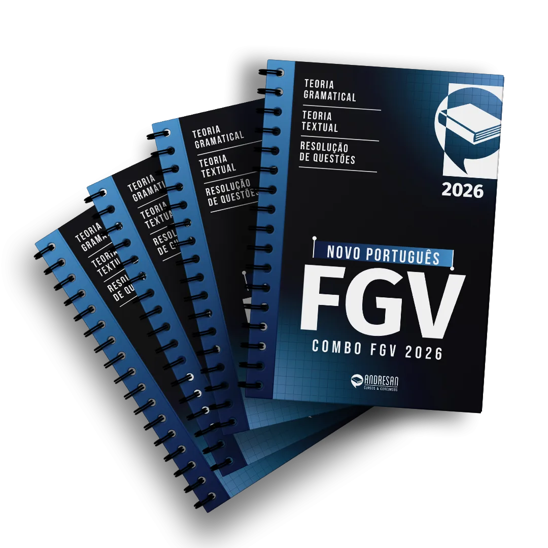 Livrão físico do Combo FGV 2026 com mais de 500 páginas de teoria e questões comentadas
